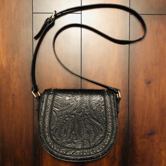 ASOS Handbags - Floral Tooled Faux Black Leather Gold Stud Purse